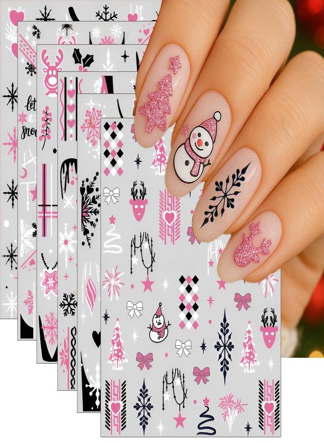 winthrop 6 Sheet Christmas Nail Stickers Pink Snowflake Tree Reindeer Nail Decals – Cute 3D Self-Adhesive Winter Nail Art Decorations for Women Girls Holiday Manicure - Image 1